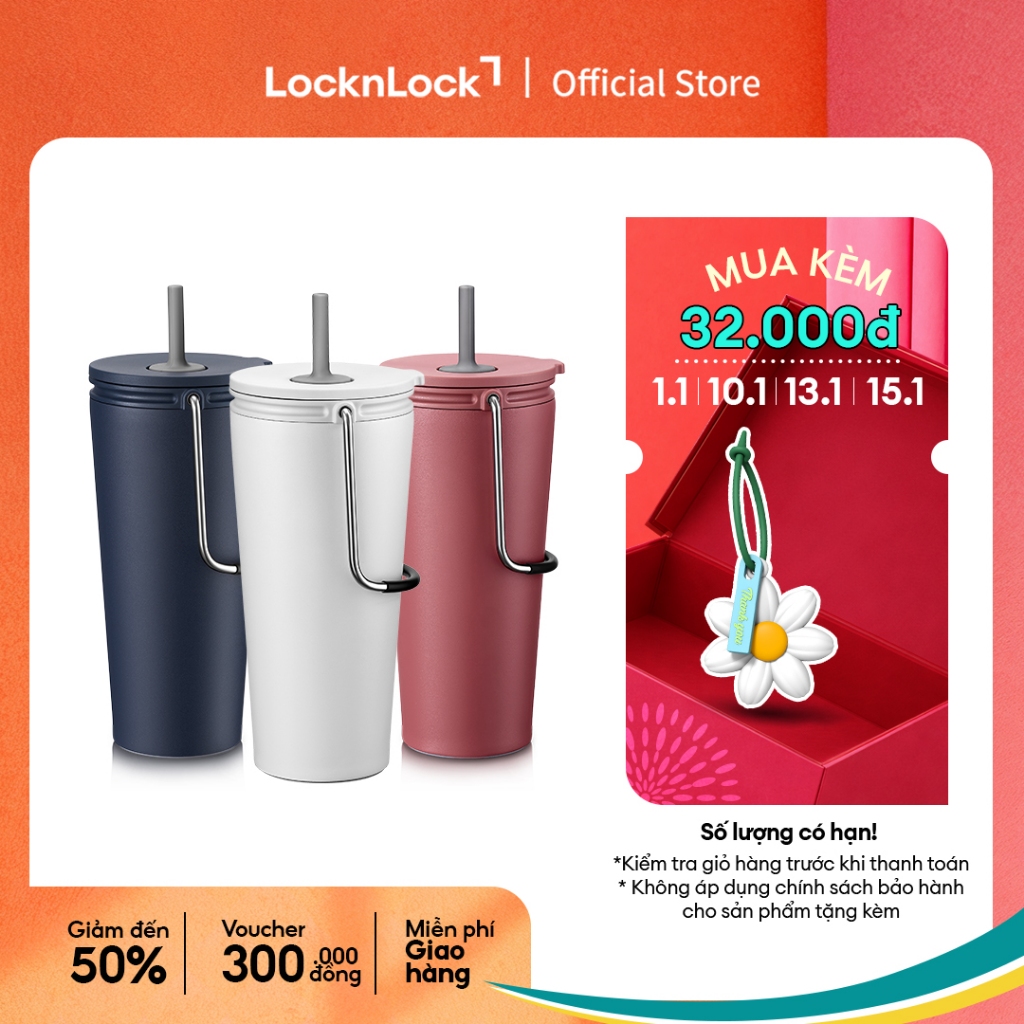  Bình giữ nhiệt Lock&Lock Bucket Tumbler W Straw 540ml có ống hút LHC4268  3 màu  