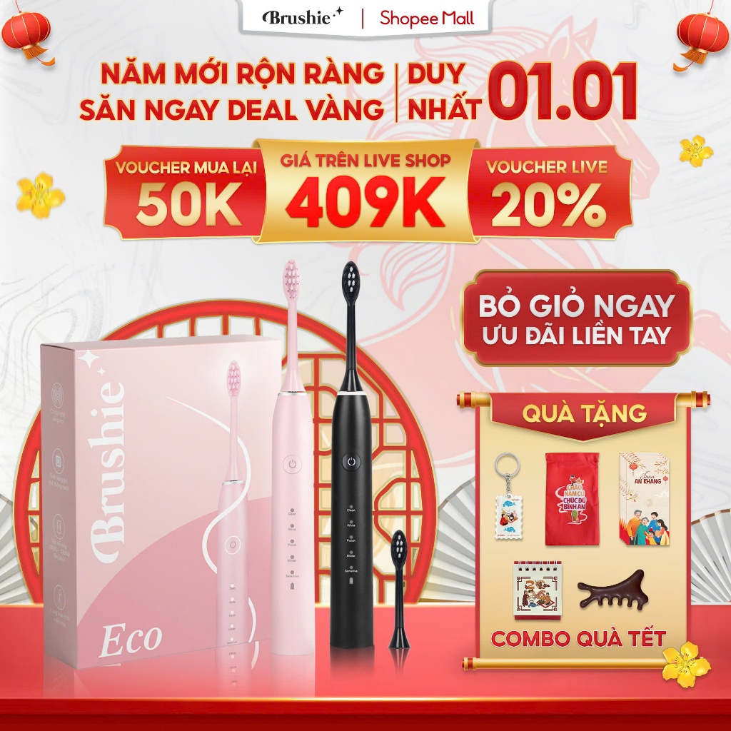   GIÁ 433K TẠI LIVE SHOP  Bàn Chải Điện Brushie Eco chính hãng 2024 5 chế độ làm sạch phù hợp cho người niềng răng 