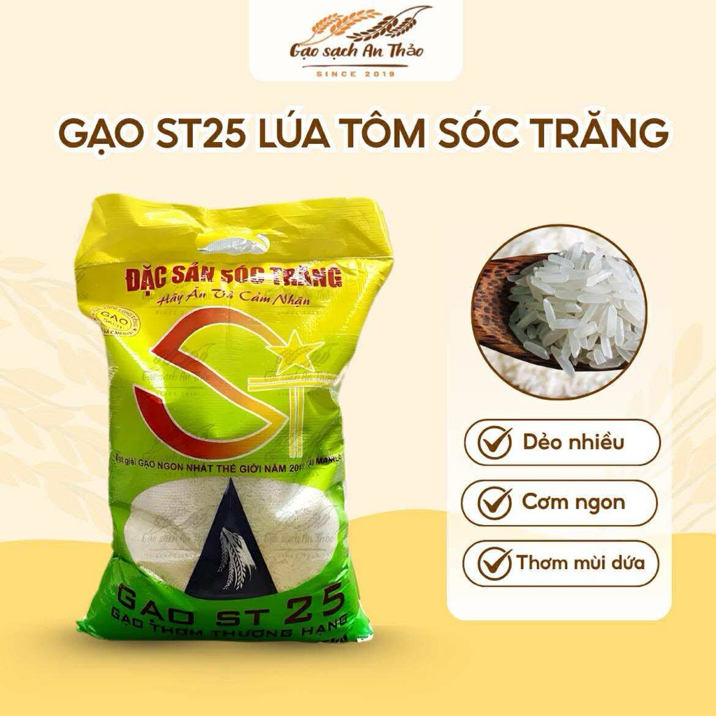 (5kg) Gạo ST25 lúa tôm Sóc Trăng - dẻo nhiều, thơm ngon, đặc sản sạch cao cấp