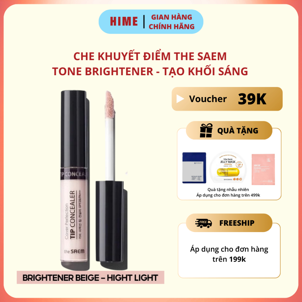 Che Khuyết Điểm The Saem Cover Perfection Tip Concealer SPF28/PA++ tone Brightener Tạo khối sáng