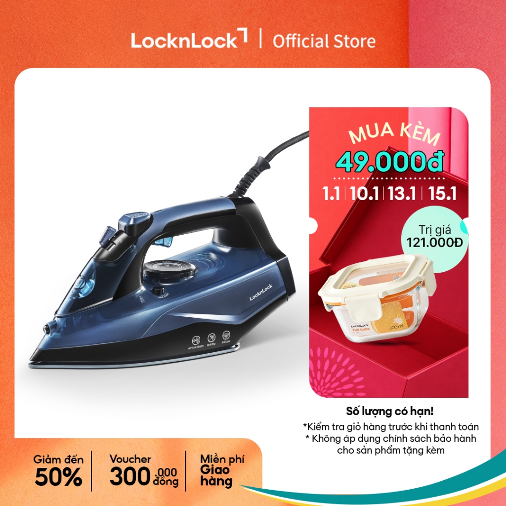  Bàn ủi hơi nước LocknLock steam iron 340ml màu xanh dương mũi nhọn tia nước tự làm sạch ENI362BLU 