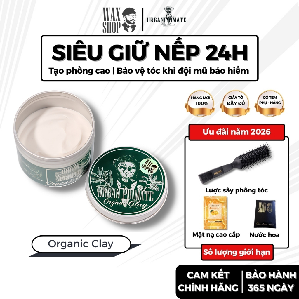 Sáp vuốt tóc nam Urban Primate Organic Clay gel, wax giữ nếp tóc - Waxshop