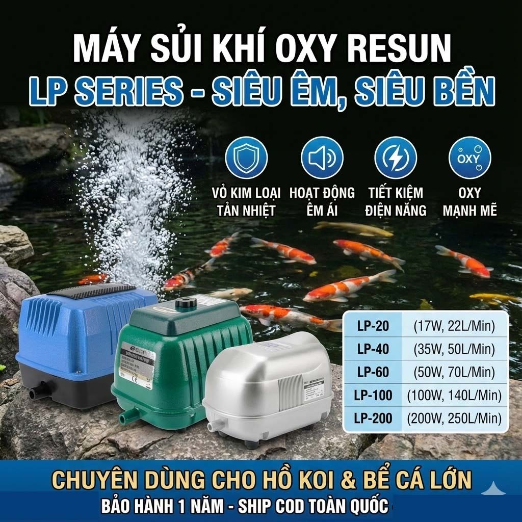 Máy Sủi Oxy Resun LP Series (LP20-LP200) Siêu Êm, Vỏ Nhôm Tản Nhiệt, Cho Hồ Koi & Cá Cảnh
