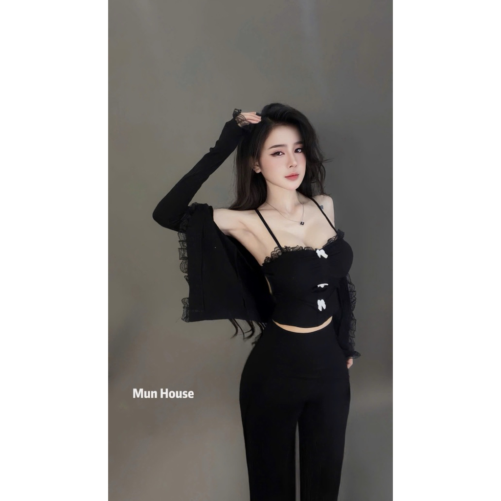[MIYA STUDIO] Set áo 2 dây viền ren đính nơ ngực + quần loe + cdg Croptop chất len tăm siêu dày dặn