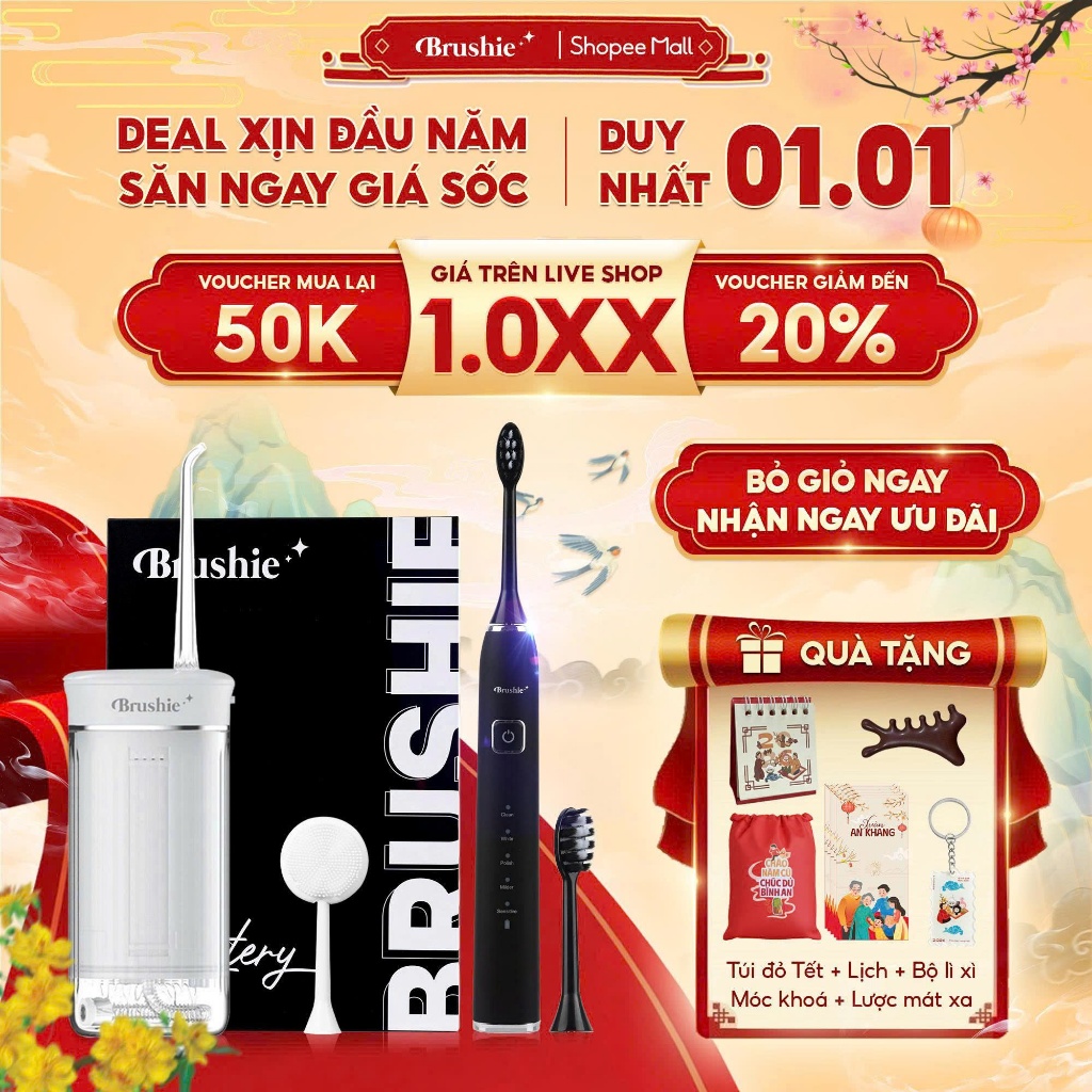 Bàn chải điện Brushie Ultra - Đen, Trắng, Hồng, Xanh lá - IPX7, 42000 rung/phút