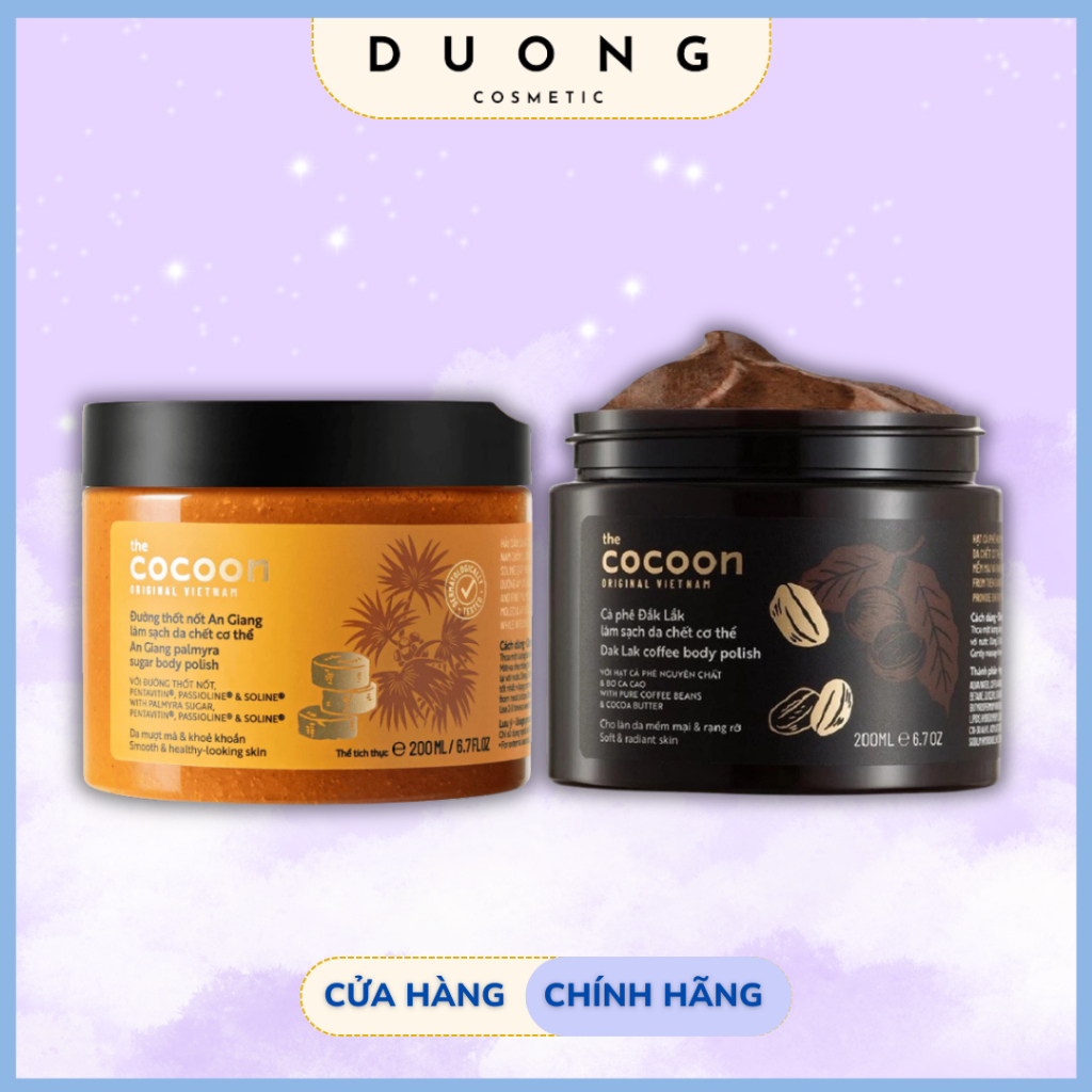 Tẩy da chết toàn thân, tẩy tế bào chết body cà phê, đường thốt nốt Cocoon túi, hũ 200ml