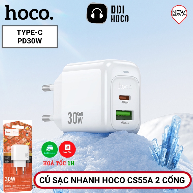 Củ Sạc Nhanh 30W 2 Cổng PD 30W & QC 3.0, Cốc Sạc Hoco CS55A Cho iPh 15 14 13 12 11, Samsung, Xiaomi 