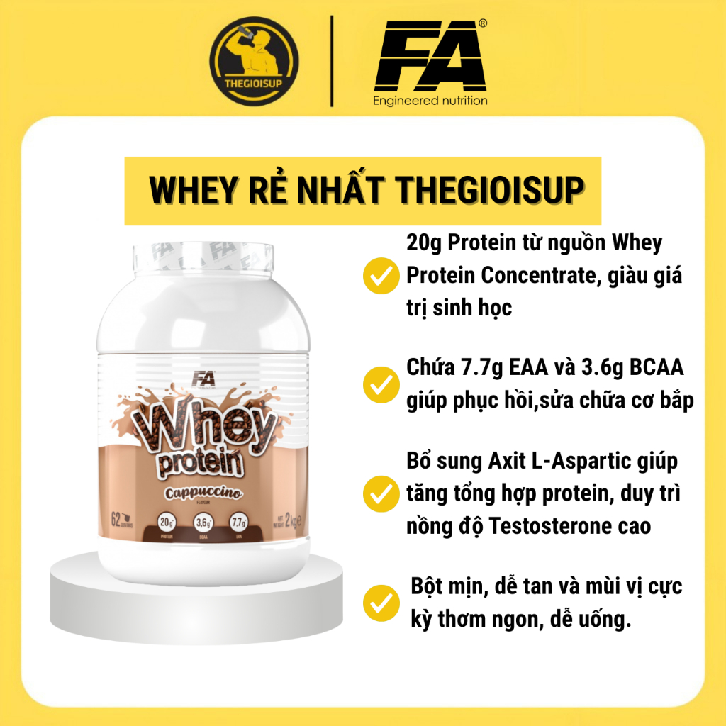 Bột đạm FA WHEY PROTEIN - 100% Whey Protein hổ trợ tăng cơ, vị ngon đậm đà | Hộp 2kg (62 lần dùng)