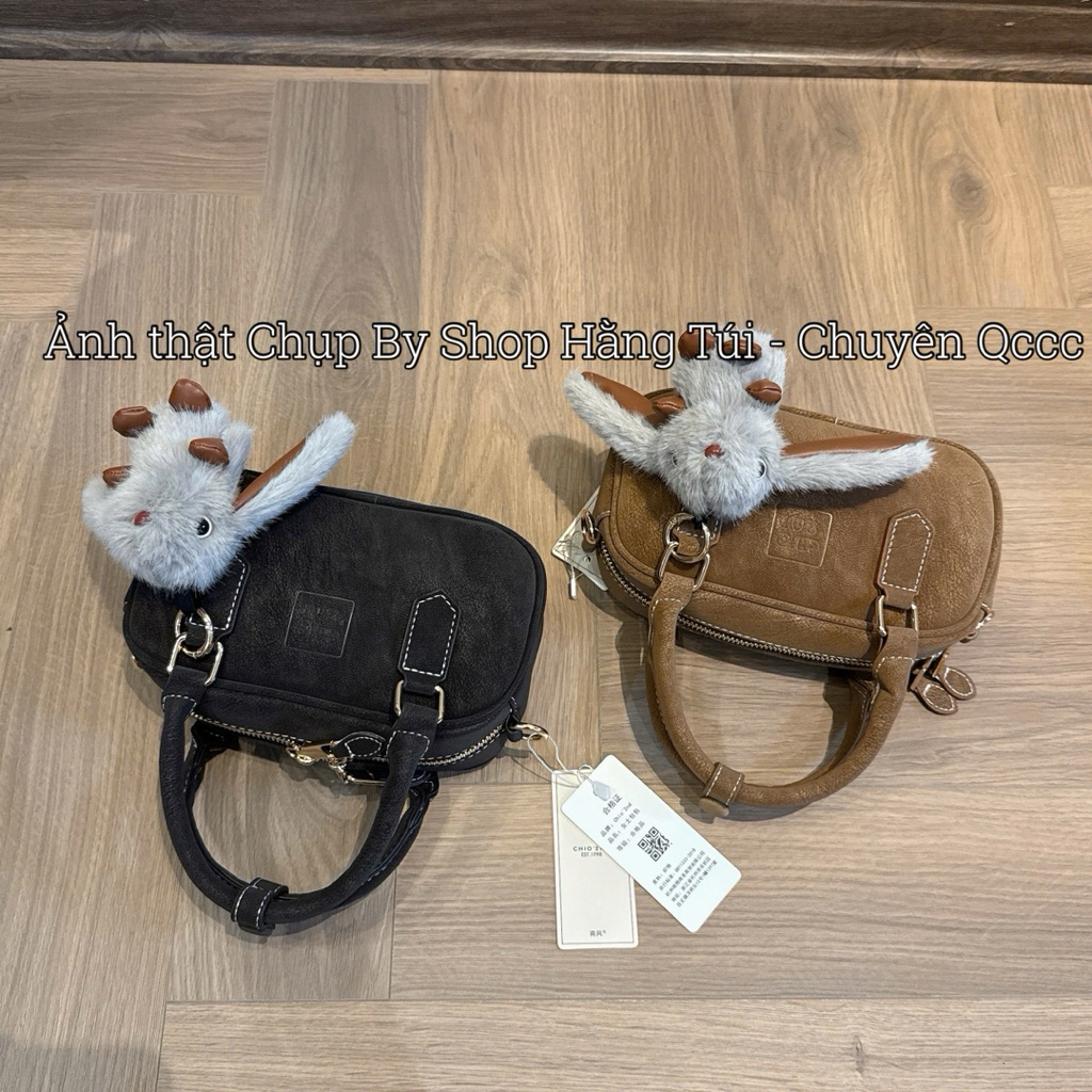Túi Trống Da Lộn size 20cm Kèm Charm Thỏ To Nâu Đậm & Nâu Nhạt