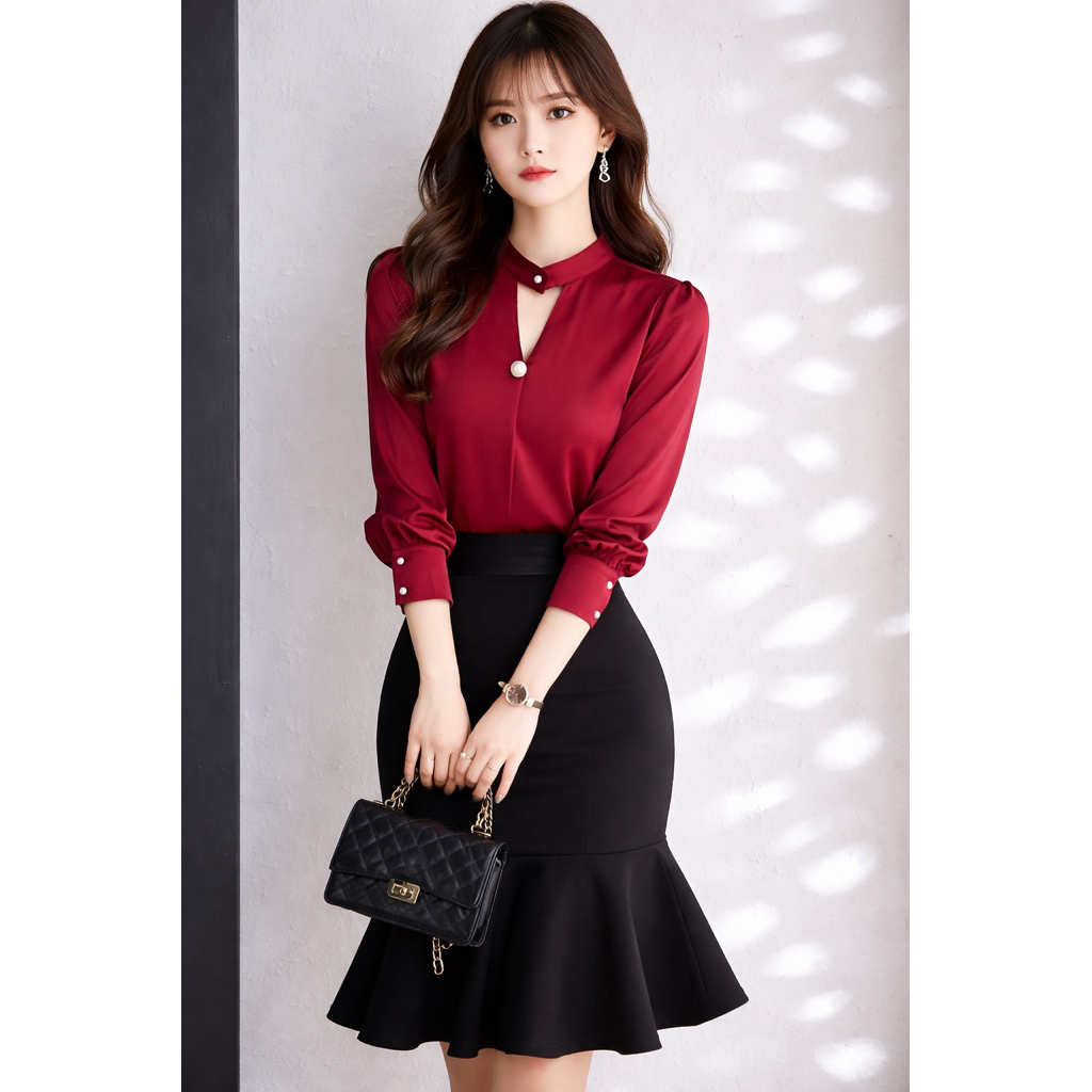 Áo sơ mi công sở nữ cổ 2 cúc chất liệu lụa Oxatyl A85 áo dài tay nữ | BigBuy360 - bigbuy360.vn