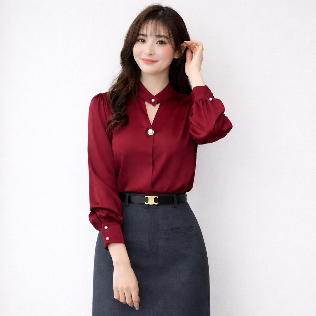 Áo sơ mi công sở nữ cổ 2 cúc chất liệu lụa Oxatyl A85 áo dài tay nữ | BigBuy360 - bigbuy360.vn