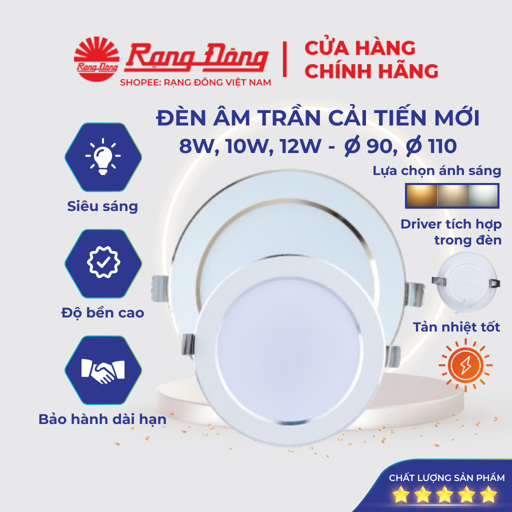Đèn LED Âm Trần Rạng Đông Đèn Mắt Trâu Downlight 8w 10w 12w Khoét Lỗ Trần 90 110 MODEL AT58