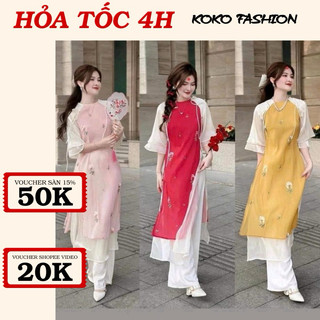 Sét bộ áo dài voan thêu hoa thời trang áo dài voan thêu hoa tay tầng đính nơ 2 lớp phối quần dài tuyết nhung
