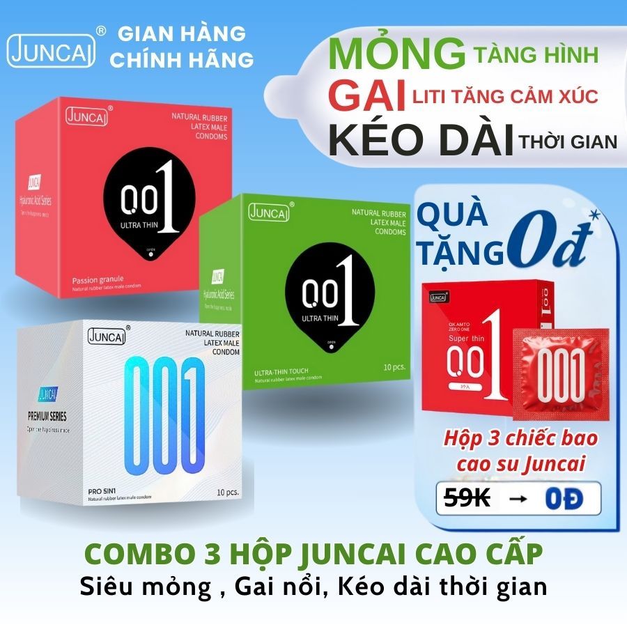 Combo Bao Cao Su Juncai Chính Hãng Siêu Mỏng, Kéo Dài Thời Gian, Ôm Sát, Gân Gai Chính Hãng 1 Hộp 10 Chiếc