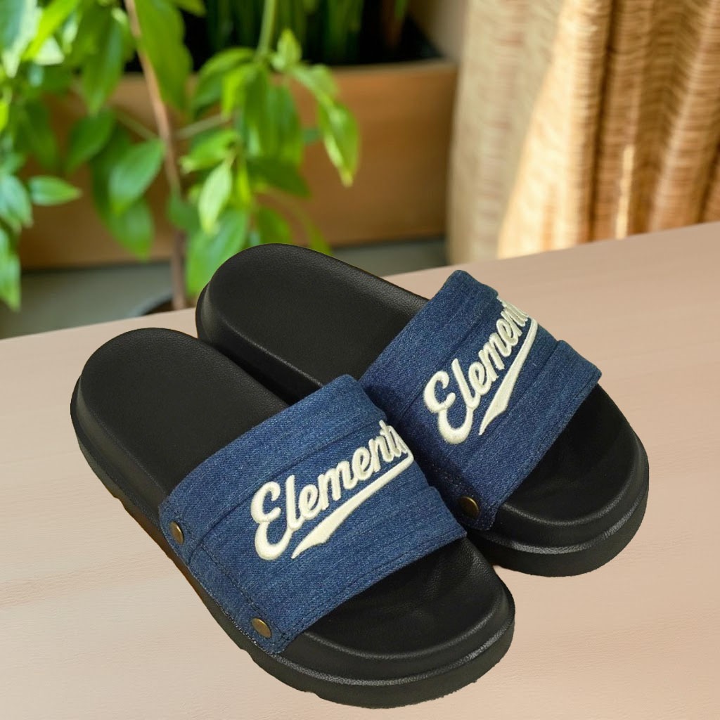 [ĐÍNH TÁN] E18 - Dép ELements Iconic Denim Unisex chữ thêu- (Slipper) Dép Elements vải jean đế bằng