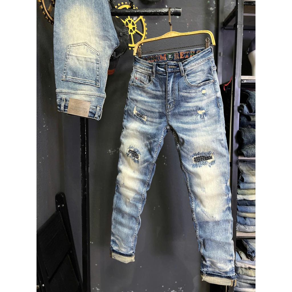 [3K DENIM Jean Denim Guangzhou-3K1948]Quần Jean Nam Dài Màu Xanh Was Rách Lưng Thêu Mẫu Mới J4017