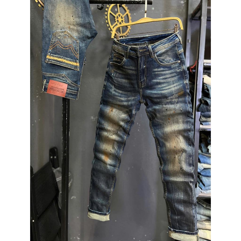 [3K DENIM Jean Denim Guangzhou-3K1947]Quần Jean Nam Dài Xanh Đậm Was RETRO Dơ Phun Sơn Cam Mẫu Mới C