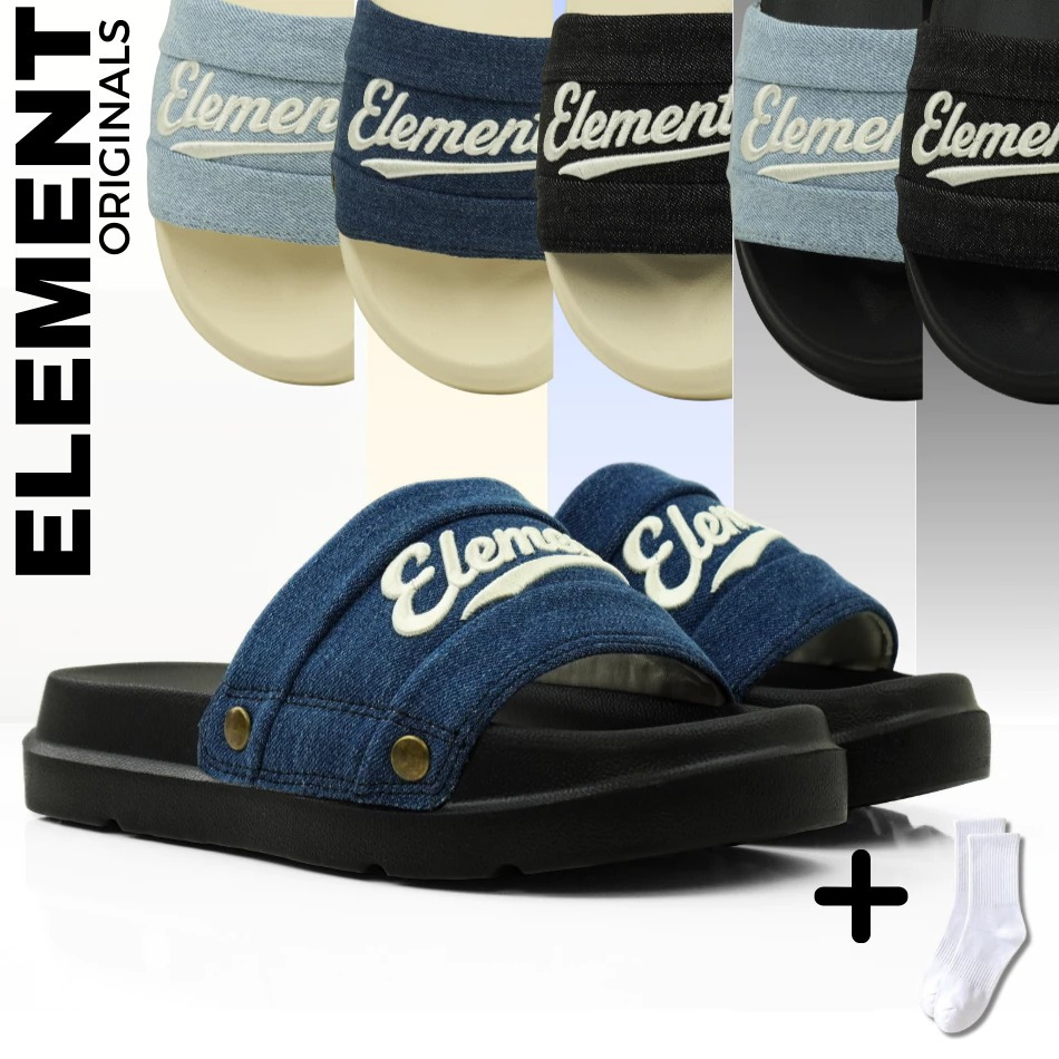 [ĐÍNH TÁN E18] Dép Elements vải jean đế bằng nam nữ (Slipper) Dép ELements Iconic Denim Unisex chữ t