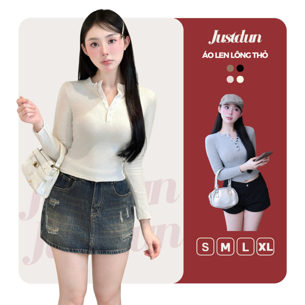 Áo Thun Nữ Tay Dài Ôm Body JUSTDUN T66 - Chất Len Tăm Lông Thỏ, Co Giãn 4 Chiều, Giữ Ấm Mềm Mịn