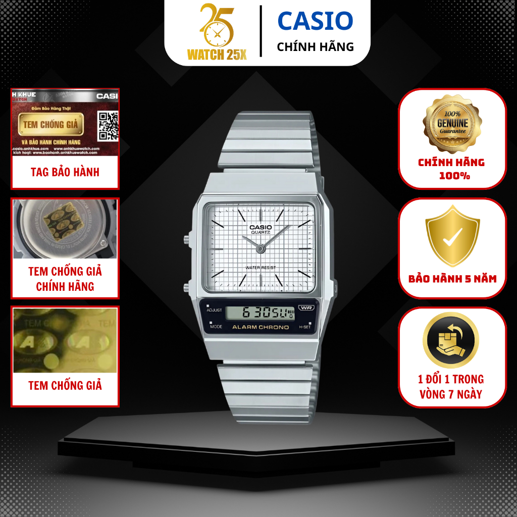 Đồng Hồ Casio Unisex AQ-800E-7ADF Watch25x - Ana-Digi Dây Thép | Phong Cách Vintage