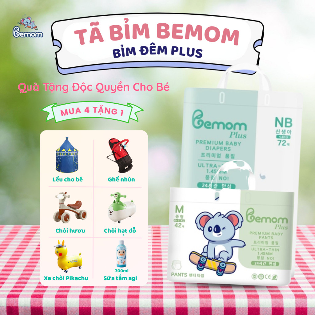 (4 Bịch Tặng Quà ) Tã Bỉm Hàn Quốc Đêm Bemom Plus - Siêu Mềm, Mỏng 1.45mm, Thấm Hút Vượt Trội, Thoán