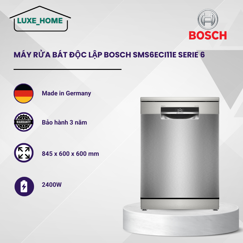 Máy Rửa Bát Độc Lập Bosch SMS6ECI11E Serie 6 - 14 Bộ - Thép Không Gỉ - Điều Khiển Home Connect - LUX