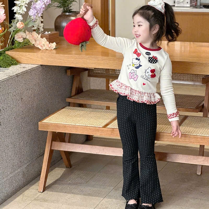 Set Bộ Áo Phối Ren mix Quần Nỉ Chấm Bi Chất Nỉ Mềm Mịn Cho Bé Gái