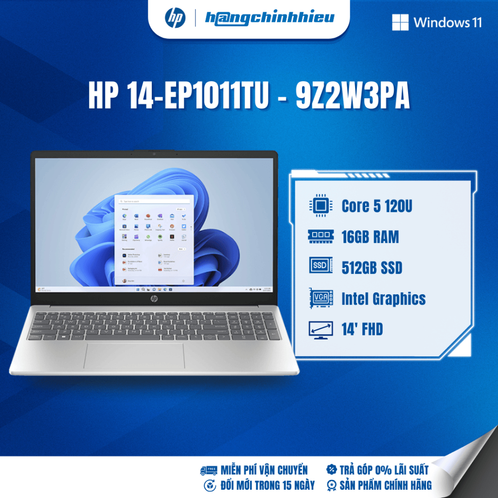 Laptop HP 14-ep1011TU 9Z2W3PA Core 5 120U | 16GB | 512GB | Intel Graphics | 14' FHD | Win 11