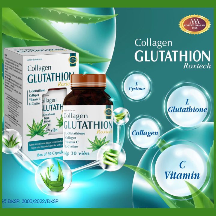 Viên Collagen Glutathion ROXTECH, Kết hợp với vitamin C và L-cystine Sáng da, Giảm nám sạm da (chai 