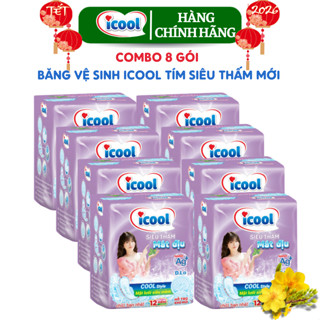 Băng Vệ Sinh ICOOL Siêu Thấm Tím Mới 12 Miếng Mặt Lưới Bạc Hà Mát Dịu Combo 8 Gói   
