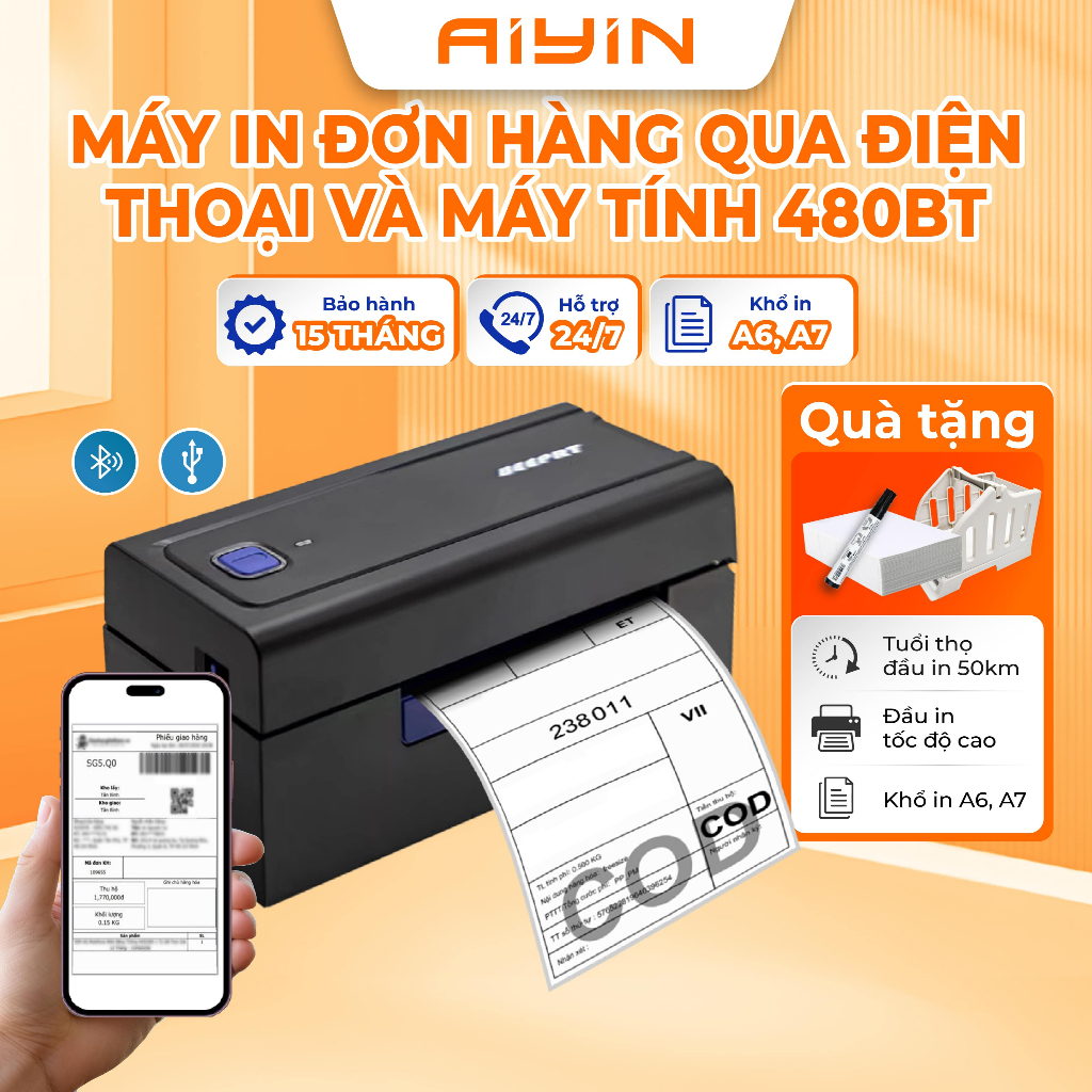 Máy In Nhiệt Bluetooth AYIN 480BT In Khổ A6 Máy In Đơn Hàng Trên Điện Thoại Và Máy Tính,In Tem Vận Chuyển - BH 15 Tháng 