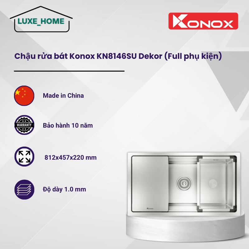 Chậu Rửa Bát Konox KN8146SU Dekor - Basic FULL SET - Chống Xước - Thoát Nước Nhanh - Dễ Vệ Sinh- LUX