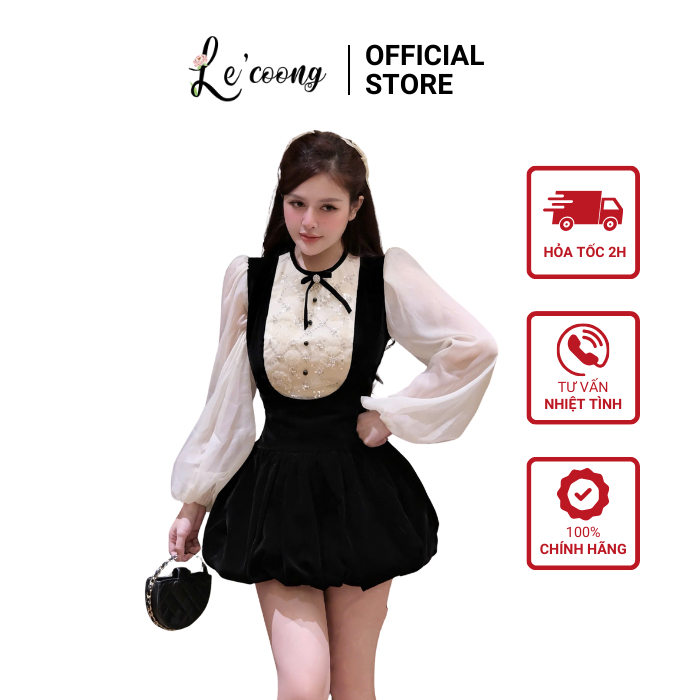 Váy Yếm Nhung Thiết Kế Phối Sơ Mi Liền LECOONG V845  Đầm Đẹp Dáng Bí Đính Đá Sang Chảnh