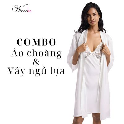 Combo váy ngủ và áo choàng lụa latin WANNABE cô dâu bridal robe set phối ren sang trọng KI010DNR02