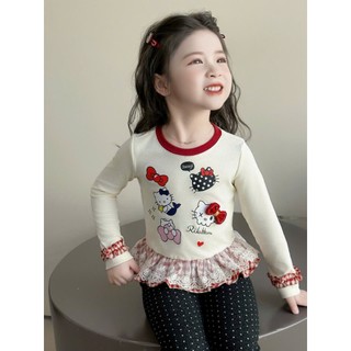 Set Bộ Áo Phối Ren mix Quần Nỉ Chấm Bi Chất Nỉ Mềm Mịn Cho Bé Gái
