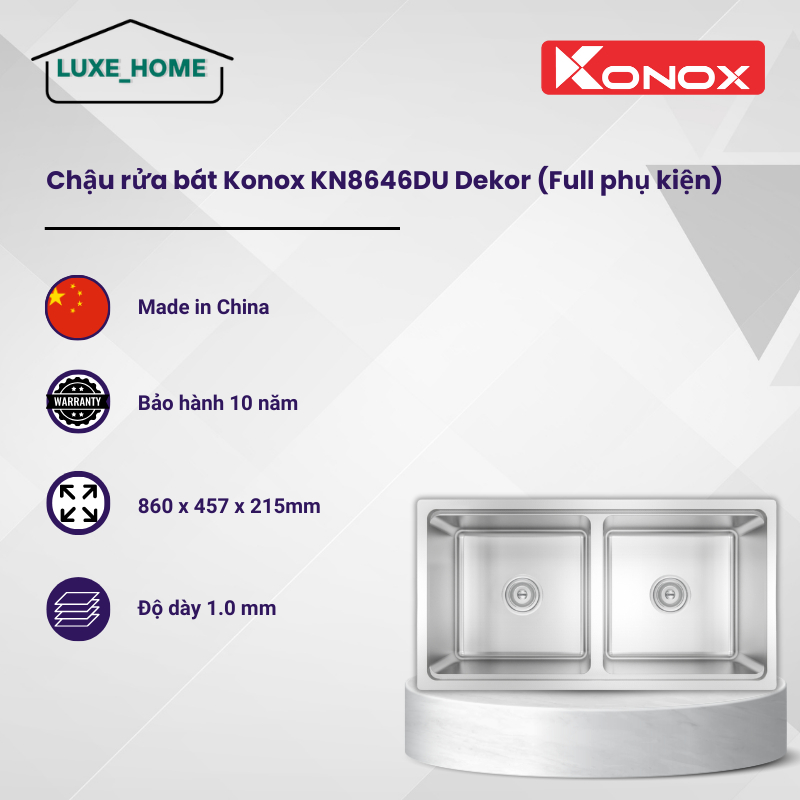 Chậu Rửa Bát Konox KN8646DU Dekor - Basic FULL SET - Inox 304 - Bề Mặt Linen Chống Xước - LUX