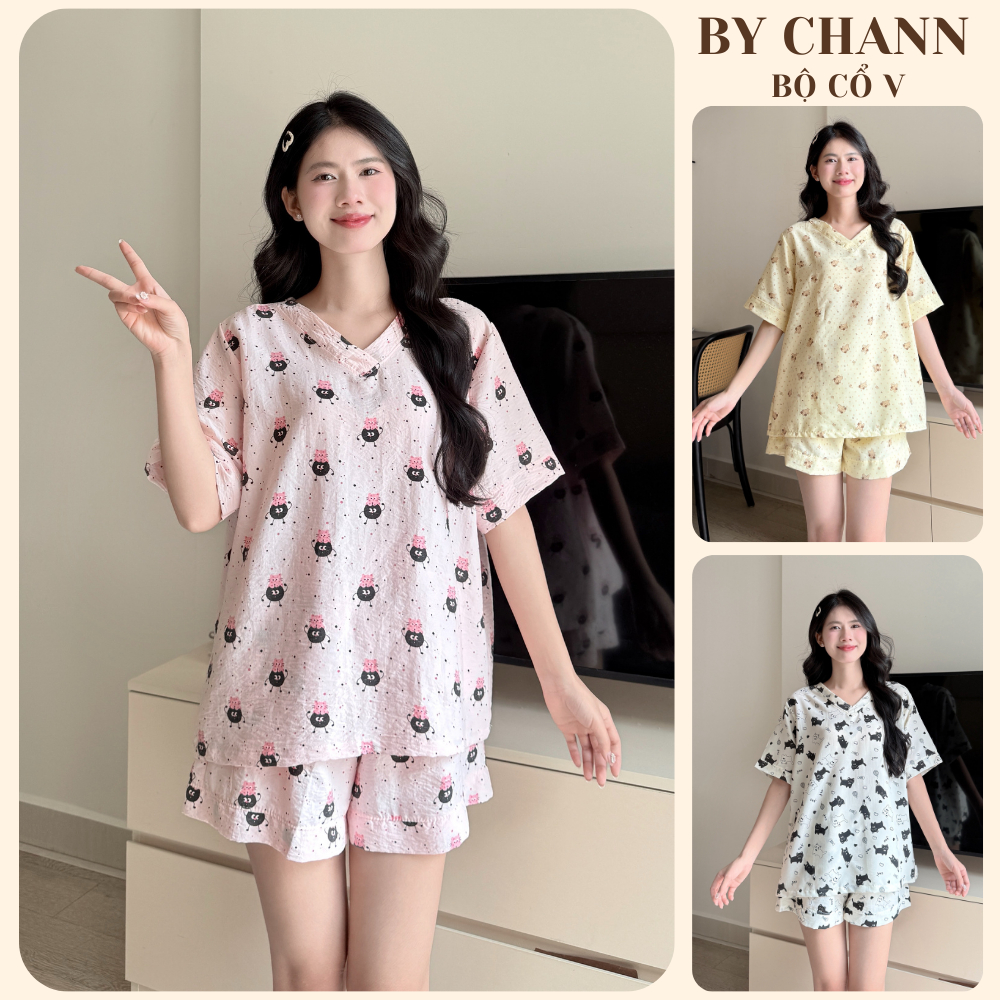 [DEAL XẢ KHO] Bộ Đồ Ngủ BY CHANN (Bộ Cổ V) nhiều hình dễ thương mặc nhà mùa hè, chất liệu đũi mềm (c