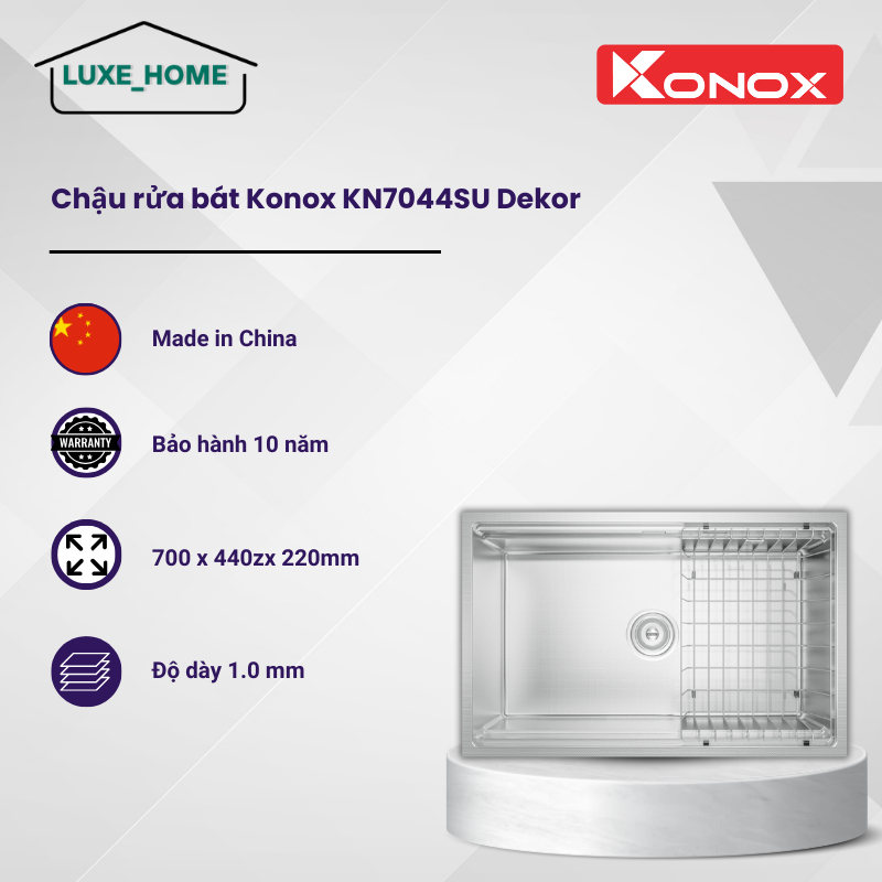 Chậu Rửa Bát 1 Hộc Konox KN7044SU Dekor - Bề Mặt Linen Chống Xước - Bát Rác Kháng Khuẩn -LUX