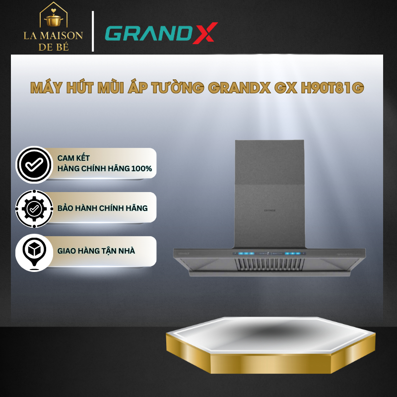 Máy Hút Mùi Áp Tường GrandX GX H90T81G Premium - 90cm - Lưới Lọc Hợp Kim Carbon 3D - LMS