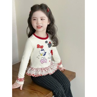 Set Bộ Áo Phối Ren mix Quần Nỉ Chấm Bi Chất Nỉ Mềm Mịn Cho Bé Gái