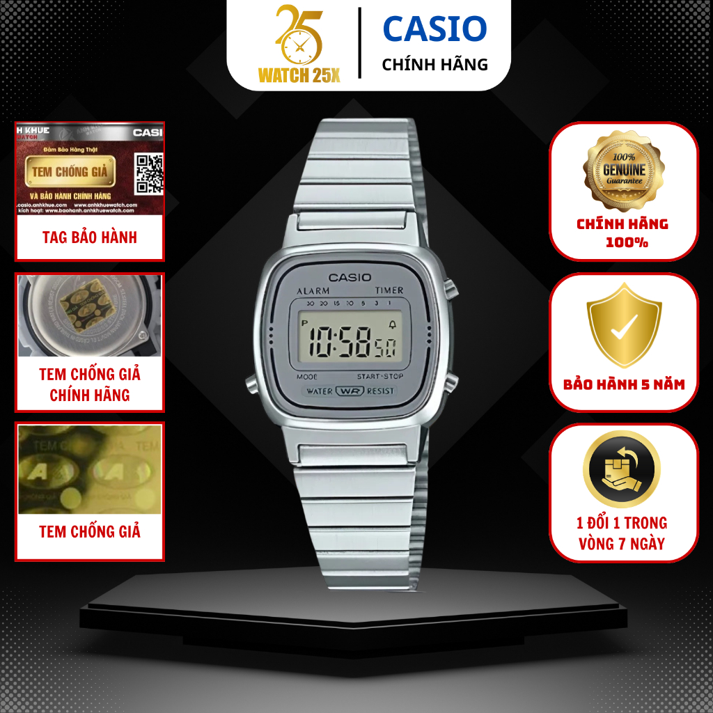 Đồng Hồ Nữ Casio LA670WA-7DF Phong Cách Vintage Watch25x - Mặt Vuông Bạc Dây Kim Loại