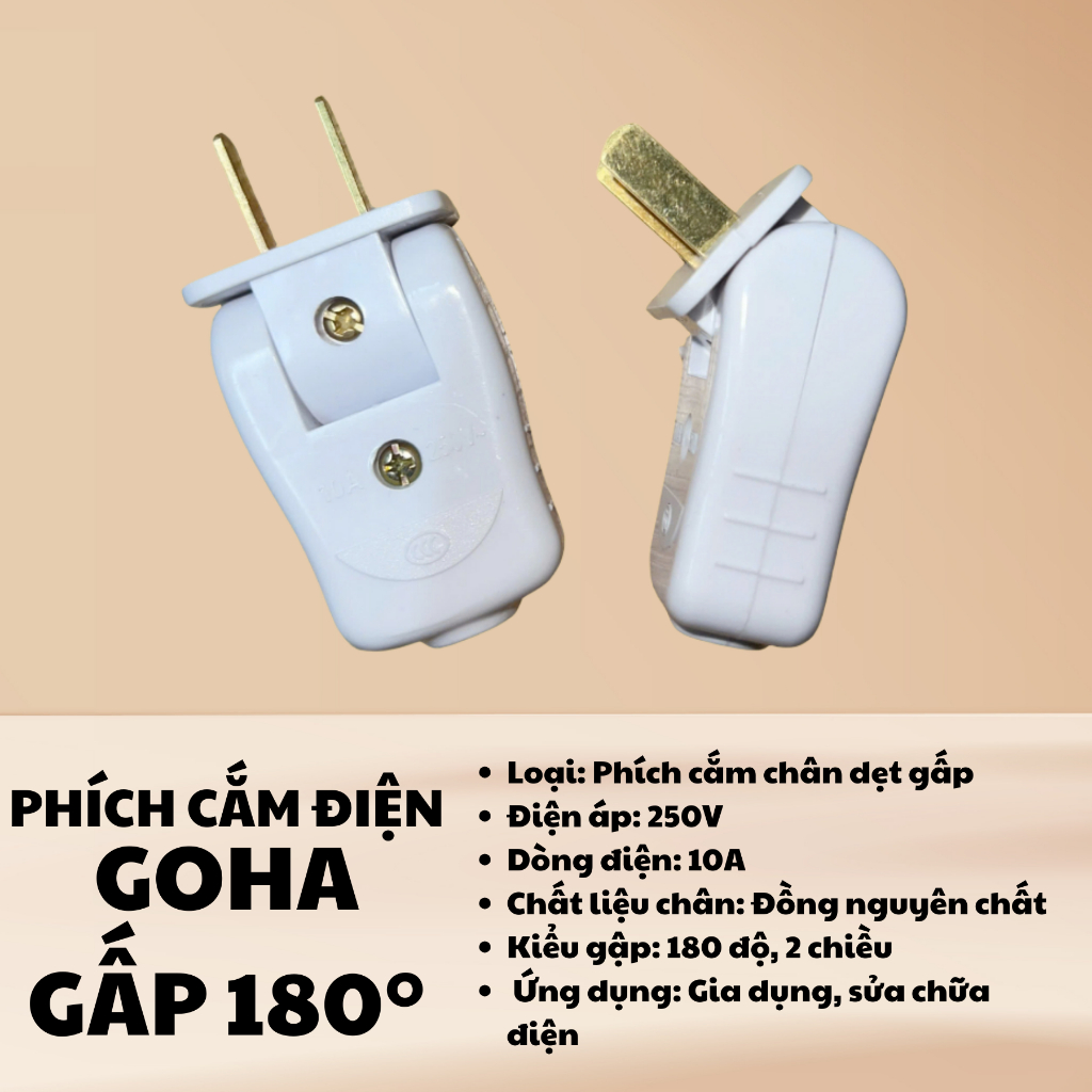 Phích cắm điện Goha chân dẹt xoay gập 90 độ 10A chịu tải cao 2500W