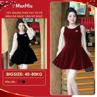  Váy nhung nữ Bigsize MunMiu váy nhung dáng xoè tiểu thư phối tay tơ cổ đính đá ngực gắn nơ siêu xinh 5010 