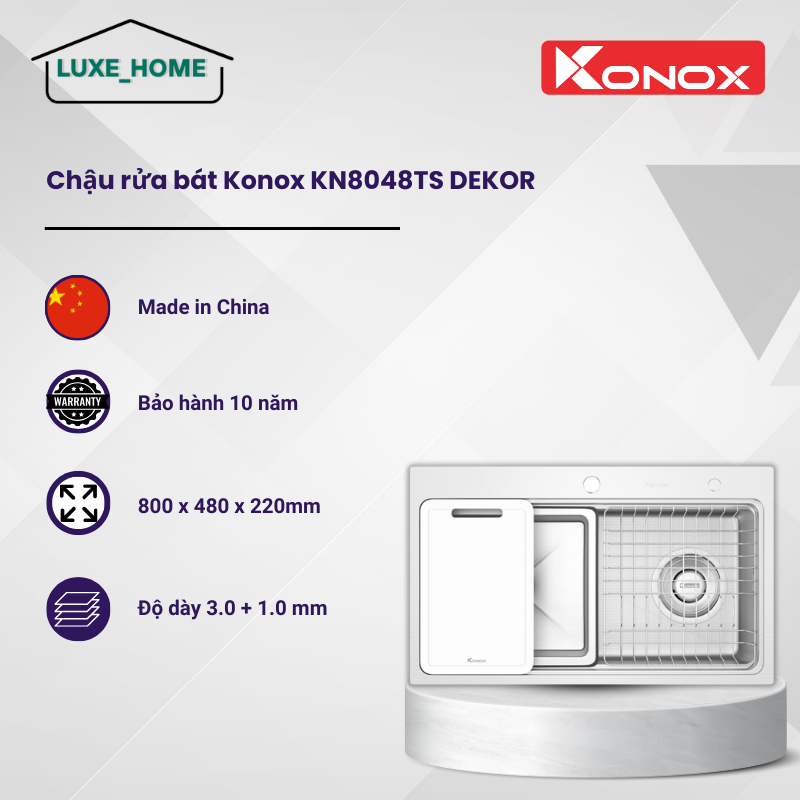 Chậu Rửa Bát 1 Hố Chống Xước Konox KN8048TS Dekor - Công Nghệ Dập Tạo Hạt - Siphon Cải Tiến -LUX