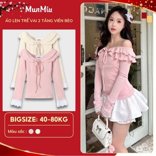  Áo thun len MunMiu dài tay viền ren thiết kế trễ vai 2 tầng viền bèo phối dây buộc nơ 3003 