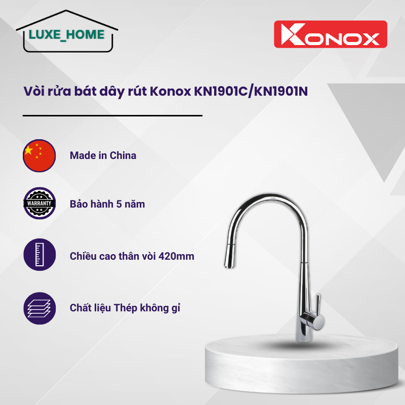 Vòi Rửa Bát Konox KN1901C PVD - Mạ Chrome 5 Lớp - Công Nghệ AirPower -  Xoay 360 độ - LUX