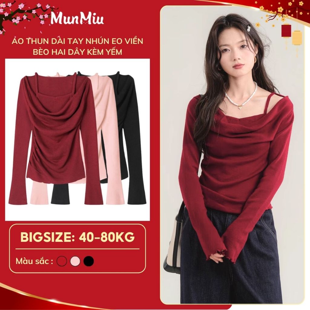  Áo thun nữ Bigsize MunMiu dài tay chất liệu thun giấy nhún eo viền bèo hai dây kèm yếm siêu xinh 392 