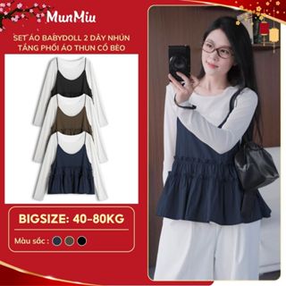  Set áo nữ BIGSIZE MunMiu áo babydoll 2 dây nhún tầng phối áo thun cổ bèo dài tay form rộng năng động Hàn Quốc 390 
