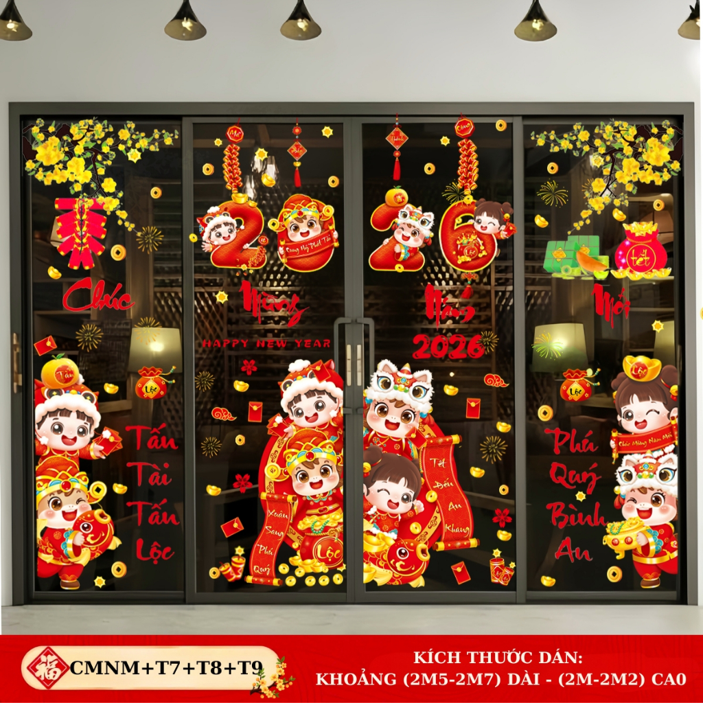 Decal Tết 2026 Tĩnh Điện In Tĩnh Điện 2 Mặt Tiếng Việt, Decal Dán Kính Tết, noel Size lớn, Decal Tra