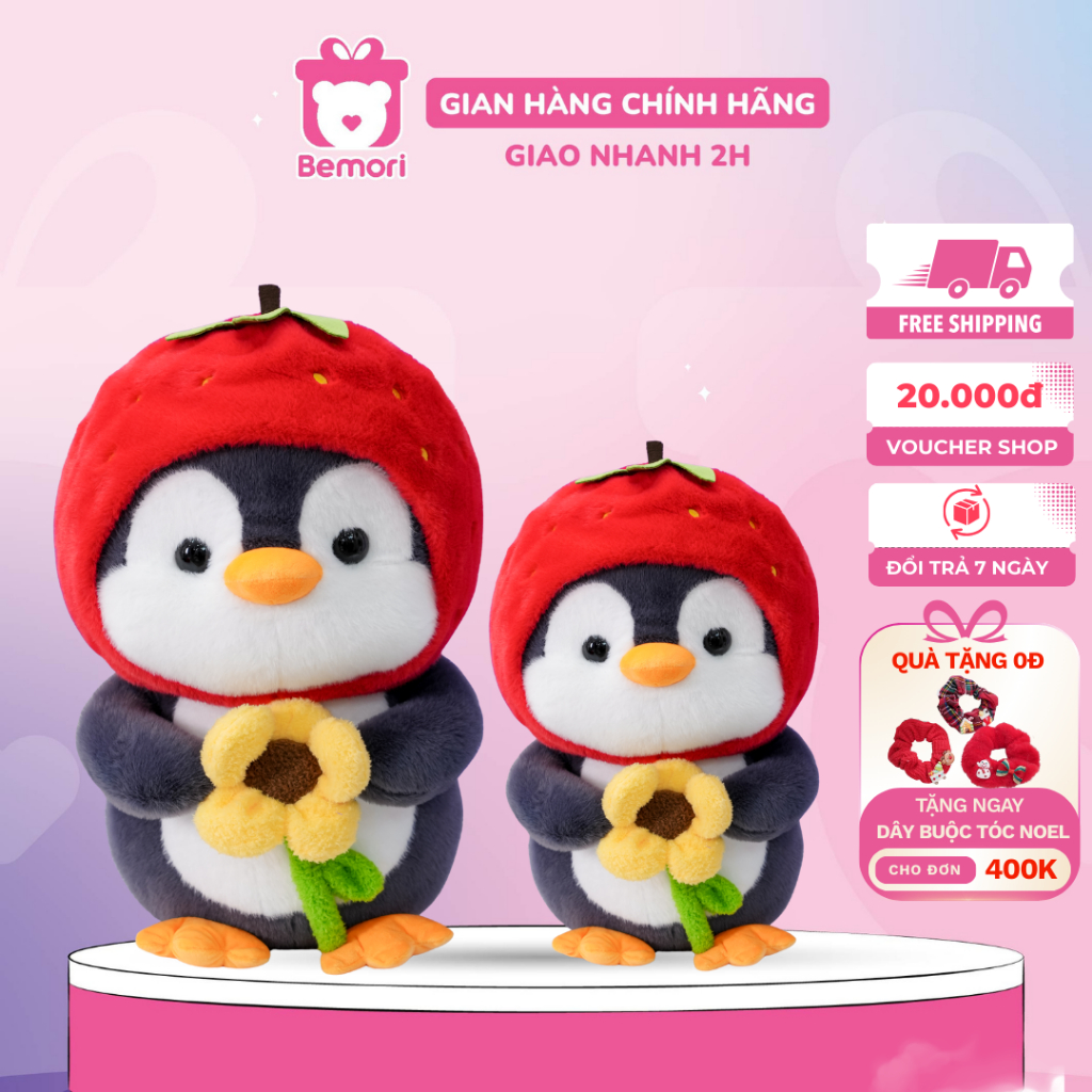 Gấu Bông Cánh Cụt Mũ Dâu Cầm Hoa BEMORI Thú Nhồi Bông Cánh Cụt Đáng Yêu Lông Thỏ Mềm Mịn